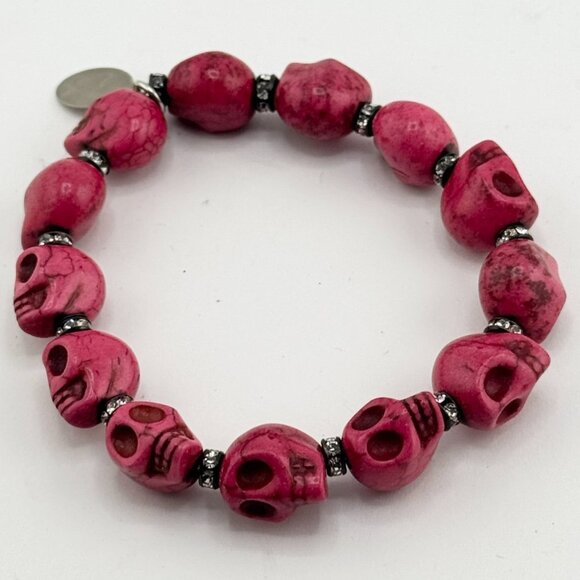 Vintage Pink Howlite stone skull Halloween rhinestone stretch bracelet - Picture 1 of 4